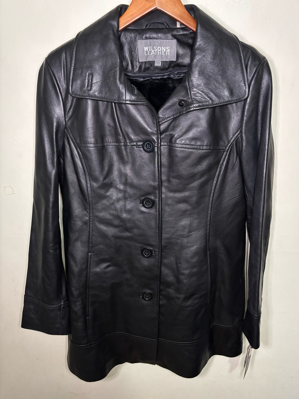 NWT Vintage Wilsons Leather Black Coat Jacket Women L Removed Faux Fur Liner